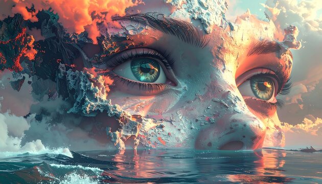 A surreal portrait of a woman's face merging with a stormy seascape, her eyes gazing serenely