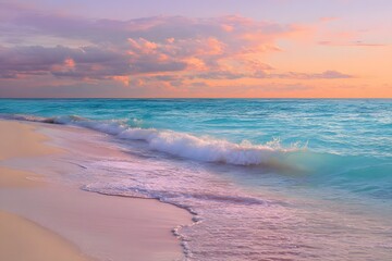 Obraz premium Ocean wave washes pink sand beach at sunset water