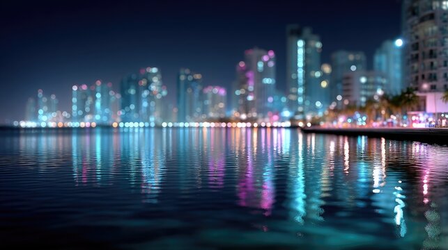 City Skyline Reflection in Water at Night with Blurred Lights, Urban Buildings and Dark Background