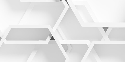 Large white hexagon honeycomb frames background wallpaper banner with copy space, flat lay from above