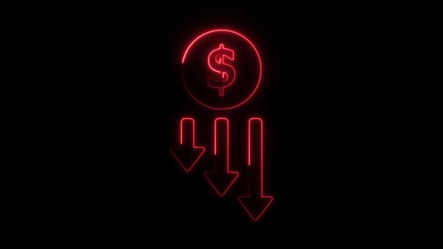 Abstract neon glowing reduce-cost icon isolated on black background. HD Video motion graphic .