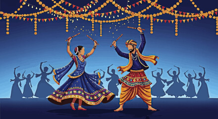 Celebrating Navratri A Vibrant Dandiya Dance Illustration under Festive Lights
