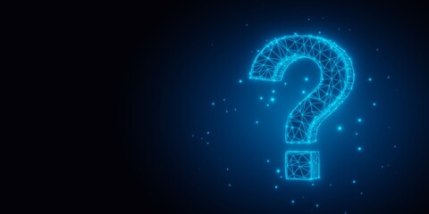 Blue glowing low poly wireframe question mark on dark background with copy space, faq, support or communication concept