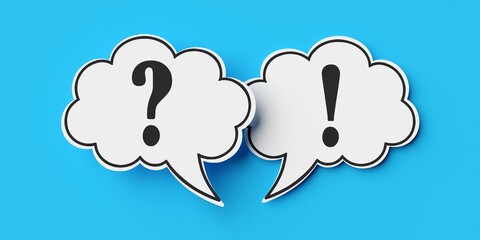 Question mark and exclamation mark in white outlined speech bubbles or balloons over blue background, chat or communication concept