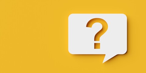 Question mark cutout from white rectangular speech bubble or balloon on yellow background with copy space, faq, support or communication concept
