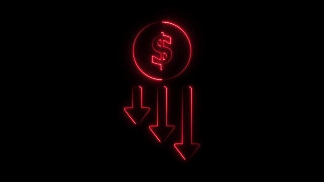 Abstract neon glowing reduce-cost icon isolated on black background. HD Video motion graphic .