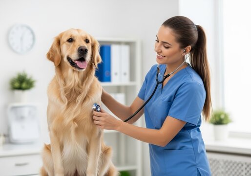 Female veterinarian examines Golden Retriever dog with stethoscope in clinic. professional doctor provides medical care to calm, healthy pet. veterinary medicine, animal health, professional pet care 