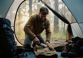 Man cleaning fleece pants with lint roller inside camping tent doorway, forest morning light, backpack and hiking boots visible, outdoor camping gear scene