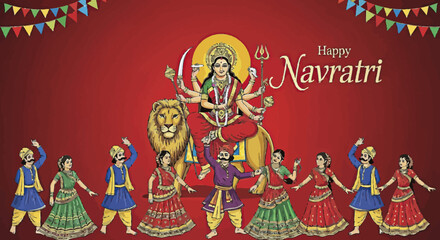 Happy Navratri Celebration Festive Illustration of Goddess Durga with Dancers in Traditional Attire
