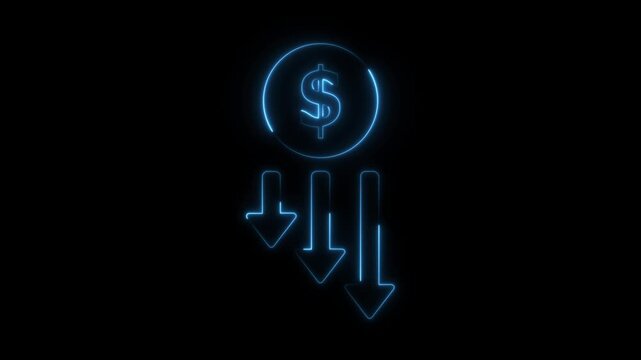 Abstract neon glowing reduce-cost icon isolated on black background. HD Video motion graphic .