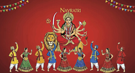 Vibrant illustration of the Hindu festival Navratri with people performing traditional Garba dance before Goddess Durga