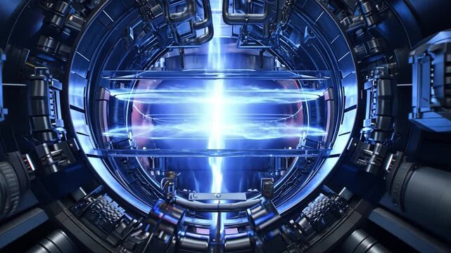 Fusion Reactor: A vibrant, detailed image of a futuristic fusion reactor, displaying intense blue energy within its core. The innovative design hints at advanced technology.