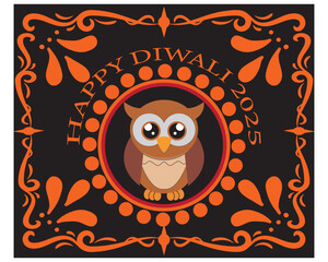 Happy Diwali 2025 greeting card design.Festive Happy Diwali 2025 greeting illustration with glowing diya lamp, owl, decorative floral patterns, and colorful background for celebration EPS 10/ AI.