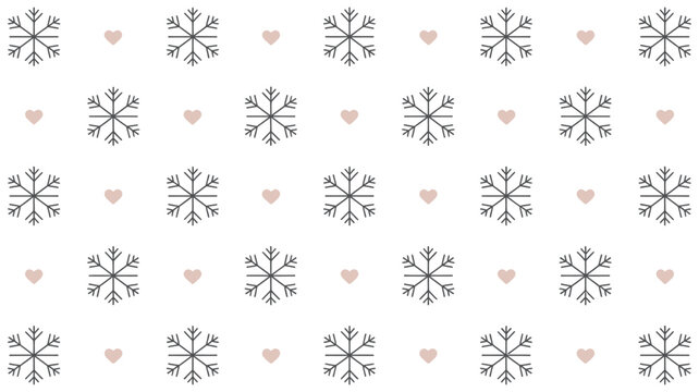 Pattern of snowflakes and hearts arranged in a repeating grid on a white background surface design