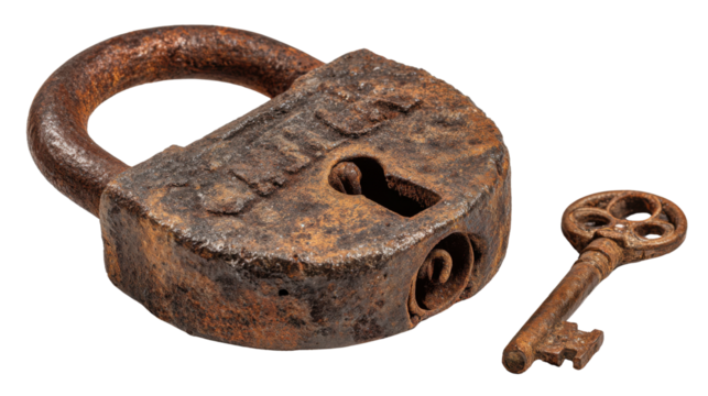 Old Rusty Padlock Isolated on White Background – Vintage Security Lock, Antique Metal Hardware, and Weathered Lock Symbol of Strength and Protection