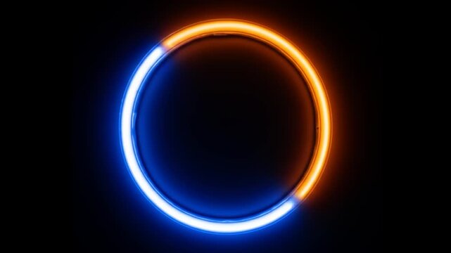 Vibrant neon circle design with split color sections against a black background.