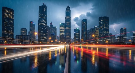 Rainy Cityscape at Night with Lightning and Light Trails on Wet Road
