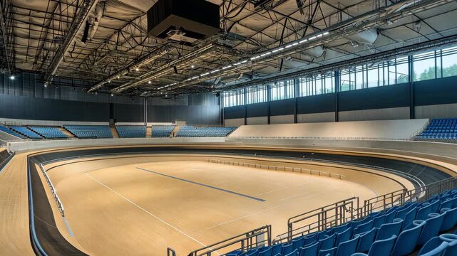 The indoor cycling track showcases a wooden surface, high ceilings, and seating areas for spectators, ready for competitive events