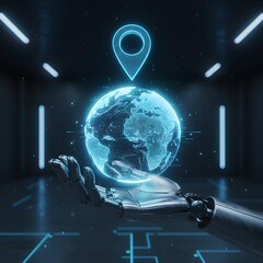 Innovative Global Location Tracking Technology with a Robotic Hand Holding a Holographic Earth and a Map Pin