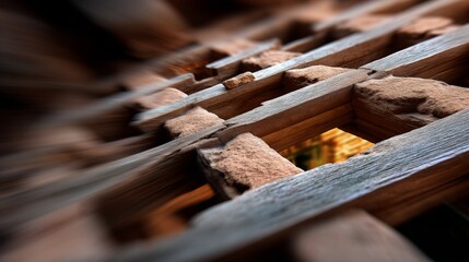 Rustic Timber-Framed Cottage with Clay Walls in Harsh Daylight, Close-Up Motion Blur Shot, Authentic Wooden Lattice Windows, Flat Lay Composition