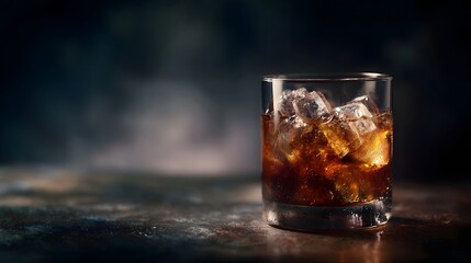 A sophisticated glass filled with ice and a dark rich amber beverage illuminated by moody lighting against a blurred background