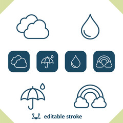 Obraz premium Weather Icons. Raining, Rain, Cloud, Raindrop, Droplet, Rainbow, Umbrella