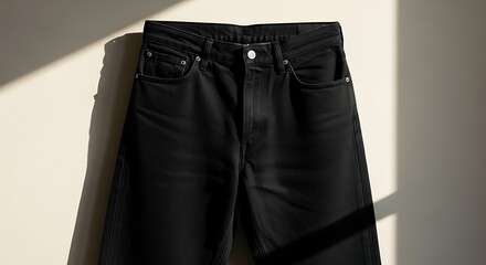 Folded Black Denim Jeans with Light and Shadow on Neutral Background