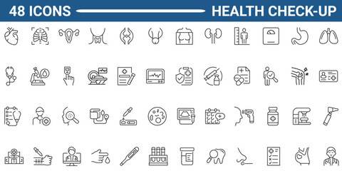 Set of 48 outline icons related to health check-up. Linear icon collection. Editable stroke. Vector illustration.