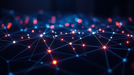 Obraz premium Futuristic network concept with glowing nodes and lines, set against a dark and atmospheric background.