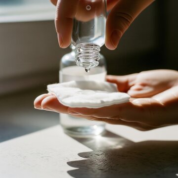 Hand pouring cosmetic toner onto a white cotton pad for skin care