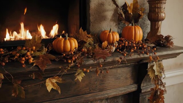 Cozy Fireplace with Autumn Decorations Background. The soft focus and gentle zoom create a relaxing, festive, and cozy atmosphere for holiday content.