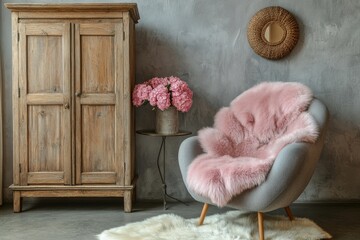 Grey lounge chair with pink fur blanket near wooden wardrobe against grey wall. Scandinavian, farmhouse home interior design of modern living room, Generative AI