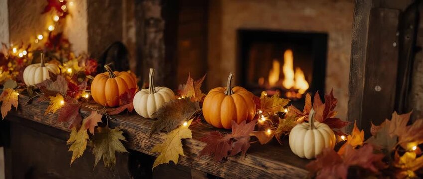 Cozy Fireplace with Autumn Decorations Background. The soft focus and gentle zoom create a relaxing, festive, and cozy atmosphere for holiday content.