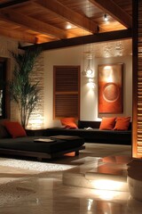 Japanese zen style home interior design of modern living room at night, Generative AI