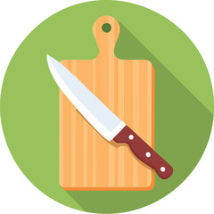 A chef's knife on a wooden cutting board, in a green circle. A flat design vector icon with a long shadow for cooking and food concepts. Generative AI