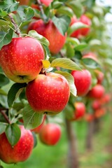 Red apples ripening on tree in orchard