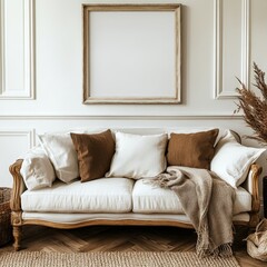 White loveseat sofa with brown pillows and beige blanket near fireplace against white wall with blank mock up poster frame with copy space. Hygge home interior design of room, Generative AI
