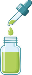 A dropper bottle with a pipette dispensing a green liquid drop. A vector icon for essential oils, medicine, and cosmetic serums. Generative AI