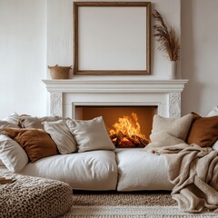 White loveseat sofa with brown pillows and beige blanket near fireplace against white wall with blank mock up poster frame with copy space. Hygge home interior design of room, Generative AI