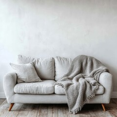 Cute sofa with plush blanket and grey woolen throw against white wall with copy space. Hygge home interior design of modern living room, Generative AI
