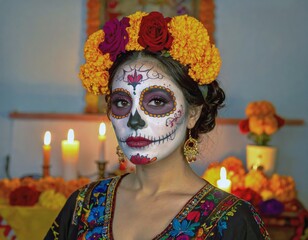 A young woman with elaborate sugar skull makeup and a cempasuchil crown poses in front of an ofrenda with candles for the Day of the Dead.

