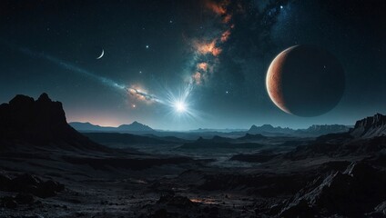 Cosmic deep space sci-fi illustration of a surreal lunar surface landscape under a starry night sky with giant satellite planet, stars, comets and nebulas.
