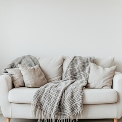Cute sofa with plush blanket and grey woolen throw against white wall with copy space. Hygge home interior design of modern living room, Generative AI