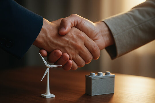 Business handshake near wind turbine and battery model symbolizing corporate energy strategy with hybrid storage and ppa agreement factory setting