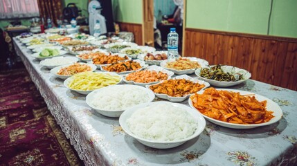 Table laden with assorted food dishes