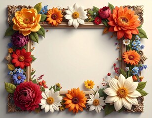 Marco decorativo para foto, con diseño artístico y detallado. Cada esquina representa una estación del año con flores características: El marco elegante, con fondo neutro y centro vacío