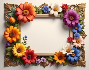 Obraz premium Marco decorativo para foto, con diseño artístico y detallado. Cada esquina representa una estación del año con flores características: El marco elegante, con fondo neutro y centro vacío