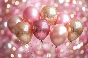Shiny pink and golden glitter balloons on light pink soft pastel background. Card for christmas, wedding, birthday, woman's day, mothers day, valentine's day. Created with, Generative AI