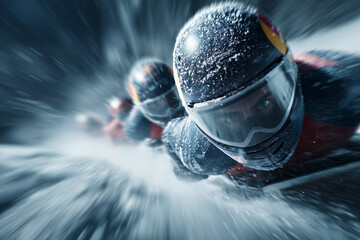 Fototapeta premium Competitors race fiercely on a slick, icy track, focused and determined.