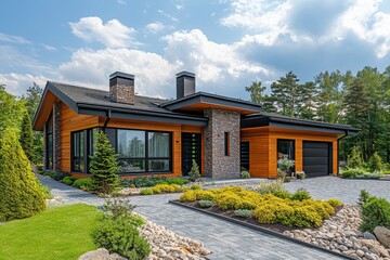 Modern ranch style private house with timber wood cladding. Residential architecture exterior, Generative AI